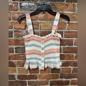 By Together Pink, Sage, Cream, and Orange Smocked Ruffle Top Size Large